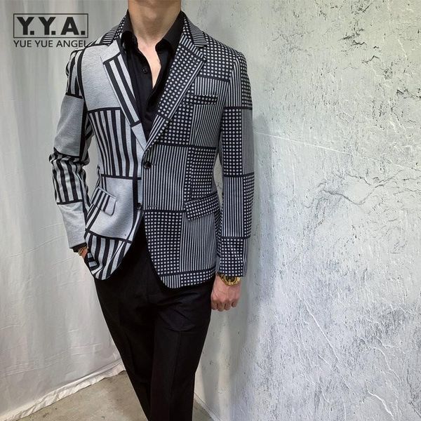 

design retro mens suit jacket chic fashion patchwork dots striped blazers korean style single breasted long sleeve blazer coats men's s, White;black
