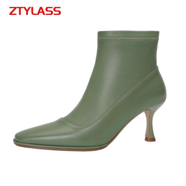 

boots women genuine leather stretch ankle fashion slip on thin high heel vintage short autumn winter square toe shoes lady, Black