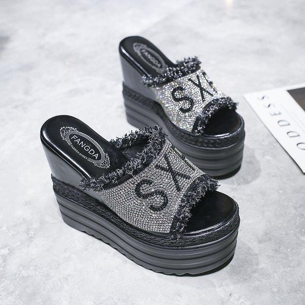 

slippers 2021 summer style women shoes high heel thick bottom one line slipper muffin slope water drill sandal, Black