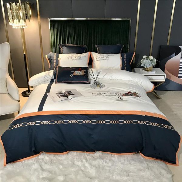 

bedding sets white blue splicing british style horse embroidery like silk cotton set duvet cover bed linen fitted sheet pillowcases