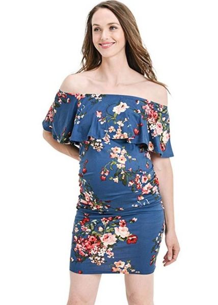 

maternity dresses 2021 summer dress with a word collar stretch slim print knee-length women's pregnancy wrapped chest, White