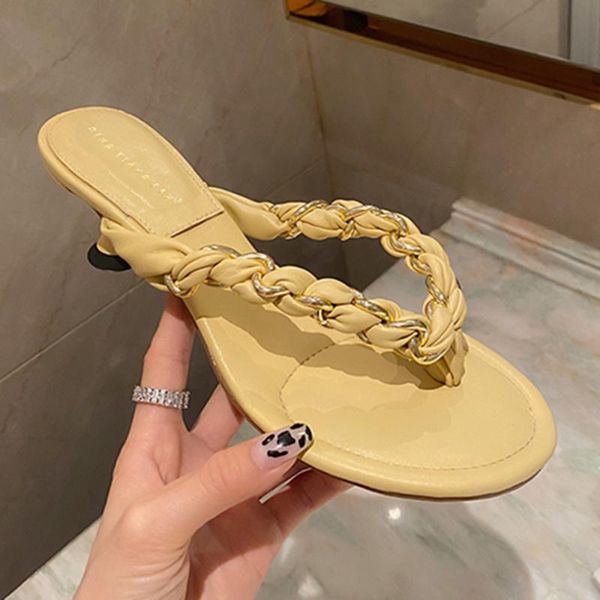 

slippers women sliders chain mid heels retro flip flops beach fashion summer gladiator sandals, Black