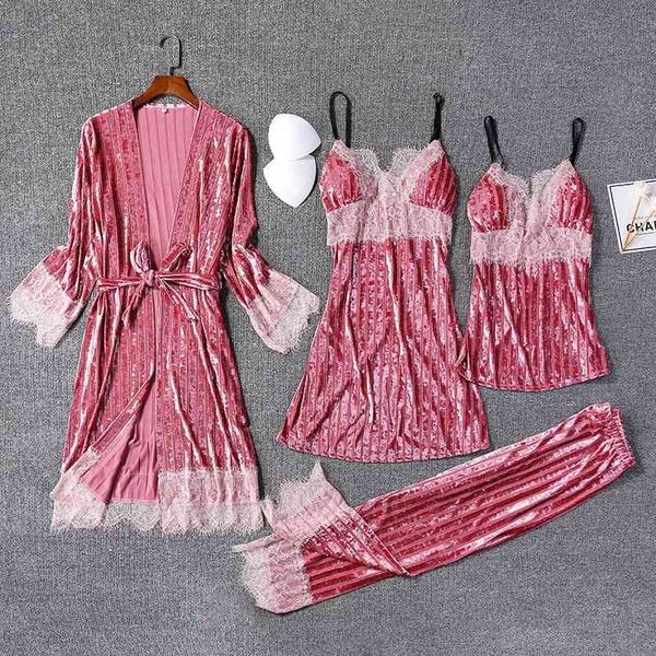 

women's sleepwear pajamas suit female 4pcs sleep set nightwear lace trim intimate lingerie casual pink loose women home cloth, Black;red