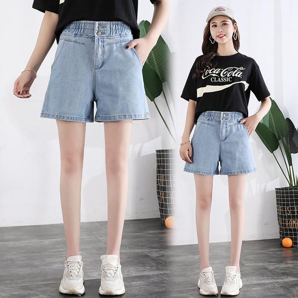 

women's jeans buttons elastic waist denim short for women plus size baggy shorts high wide leg, Blue