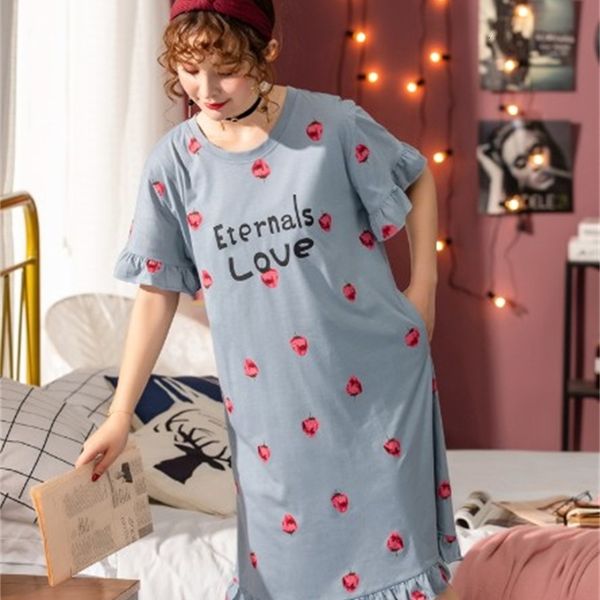 

women's sleepwear women summer cotton nightgowns short-sleeved korean loose plus size 5xl fit 90 kg nightshirt female cartoon print nig, Black;red
