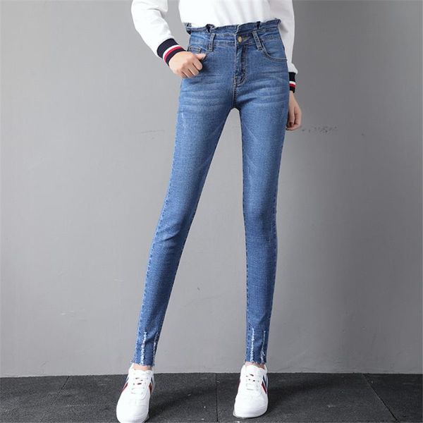 

women's jeans fashion for women high waist elastic ruffles casual frayed denim pants skinny pencil female trousers stretch, Blue