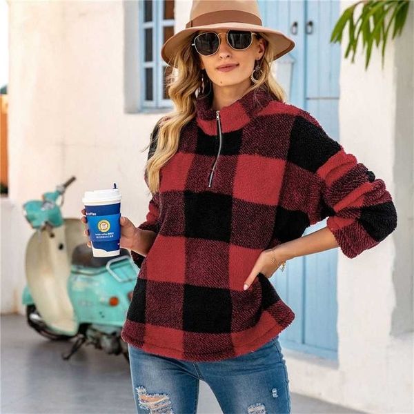 Maglione invernale da donna Teddy Fluffy Sherpa Fleece Plaid Pullover 1/4 Zipper Maglione dolcevita Autunno caldo Street Wear 211103