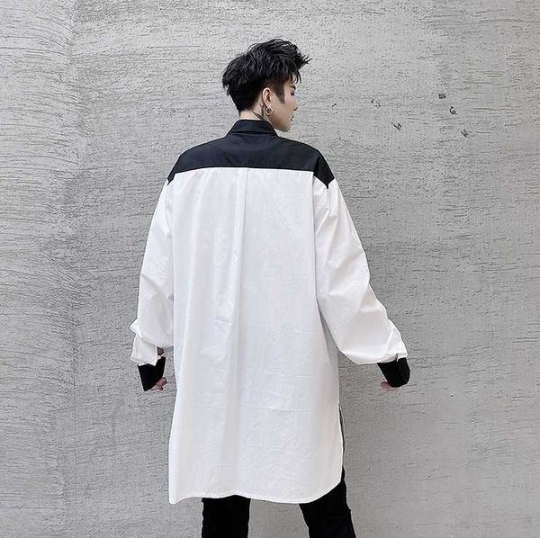 

men's casual shirts autumn dark black korean loose long sleeve shirt personalized and white contrast stitching hairstylist youth, White;black