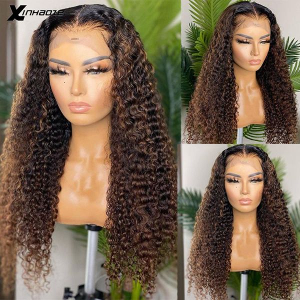 

lace wigs kinky curly ombre dark brown human hair wig 13x4 front for women bleached knots brazilian remy 180% density pre-plucked, Black;brown