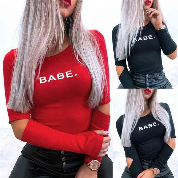 

women t-shirt hole decorated letter printed full length regular sleeve round neck slim fitting clothing 210522, White