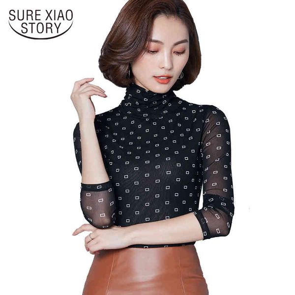 

fashion korean style turtleneck plaid printing lace shirt slim net yarn plus size women blouse blusas 820c 30 210506, White