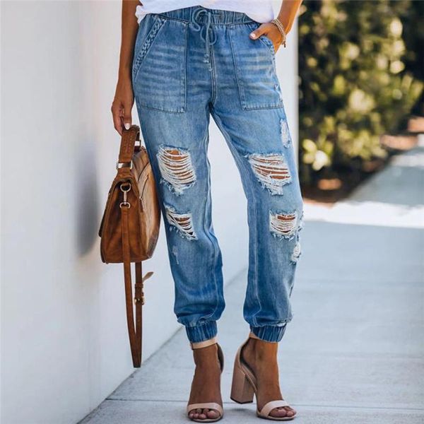 

women's jeans drawstring high waist autumn ripped washed casual harem pants women leisure vintage trousers 2021 trend, Blue