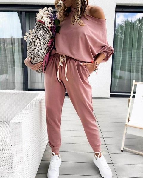 

women's two piece pants casual tracksuit sets 2021 autumn fashion solid one shoulder & drawstring set, White