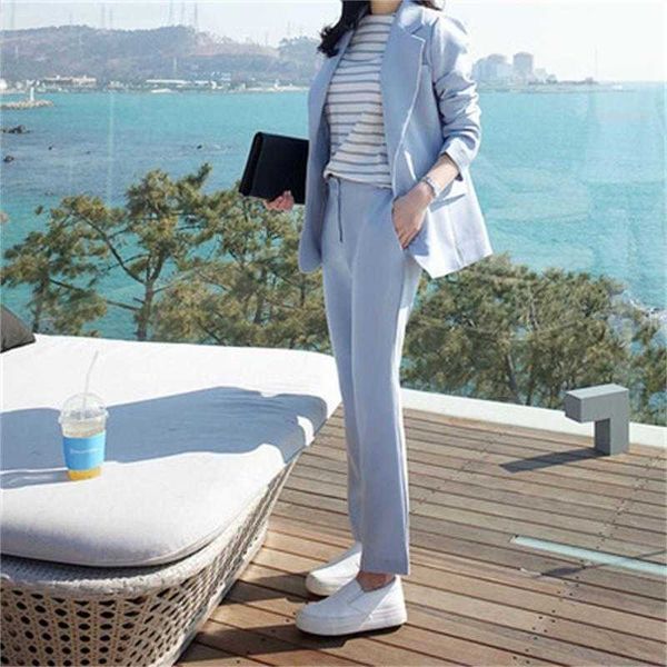 Moda Takım Elbise Kadın Bahar Yüksek Kaliteli Gökyüzü Mavi Rahat Işletme Suit + Pantolon OL Iki Parçalı Suit Kadın Boyutu XS-3XL 210927