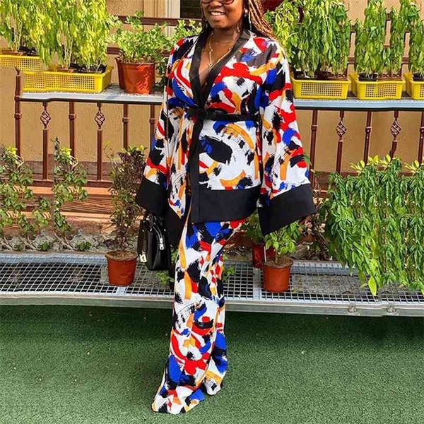 

2 pieces sets womens outfits with jackets flare sleeve outwears & pants loose fashion printed high street wear matching 210510, White