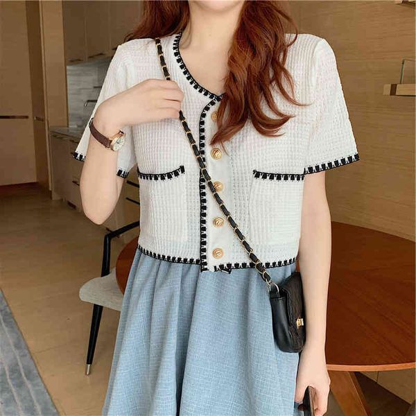 

itoolin kpop elegant blouses women korean knitted cropped female short sleeve button up shirt slimming jacket femininas 210518, White