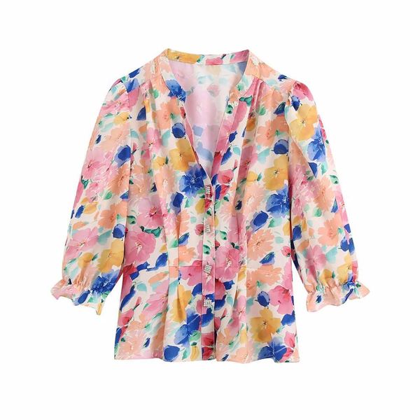 

summer women flower printed faux jewelry button v-neck t- shirt fashion ropa mujer femme t-shirts 210420, White