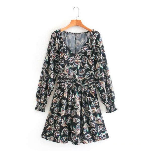 

fashion a line floral print dress spring autumn women long sleeves v neck waist vintage knee length slim party nx9825 210525, Black;gray