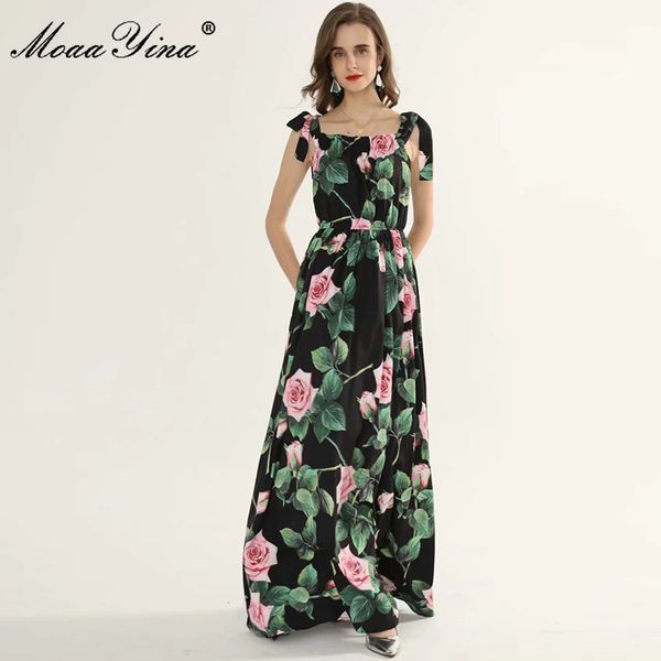 Modedesignerkleid Sommer Damenkleid Rose Blumendruck Urlaub Böhmen Maxikleider 210524