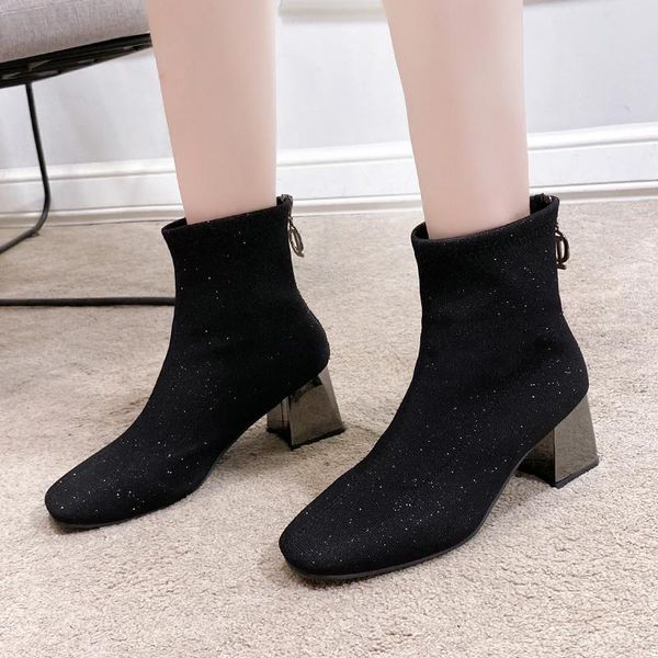 

boots luxury 2021 women ankle high-heel shoes woman stretch fabric knee-high pointed socks brand, Black