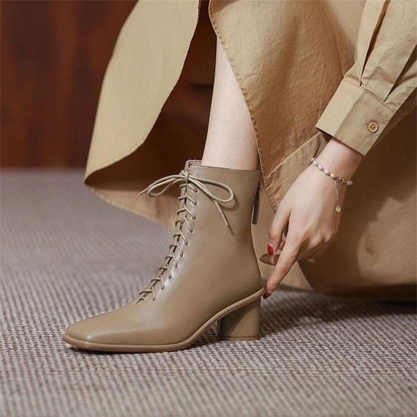 

boots wind heel lace up short 2021 autumn square head, Black