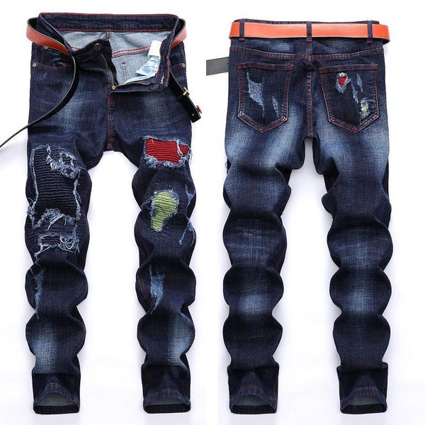 

men's jeans dark blue trousers casual straight-leg ripped european and american loose large size