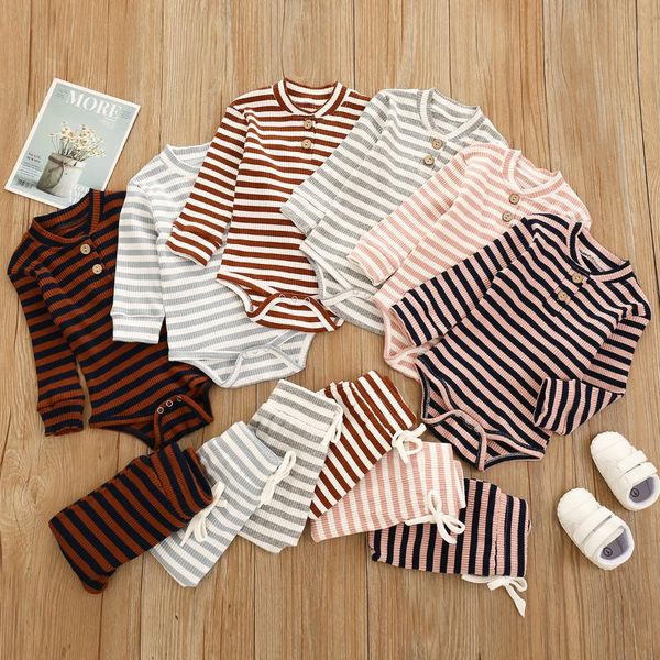 

clothing sets toddler baby girl boy 2pcs outfit crew neck button long sleeve romper drawstring pants color matching ribbed stripe clothes, White