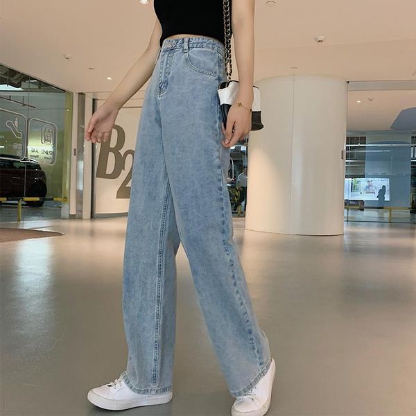 

women's jeans female long loose wide-legged button straight leg denim pants women high waist office lady elegant empire cotton, Blue