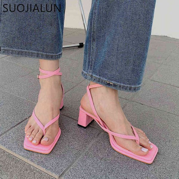 Платье обувь Suojialun летние новые розовые женщины сандалии мода узкополосная лодыжка ремешка дамы гладиатор квадратный высокий каблук 220303