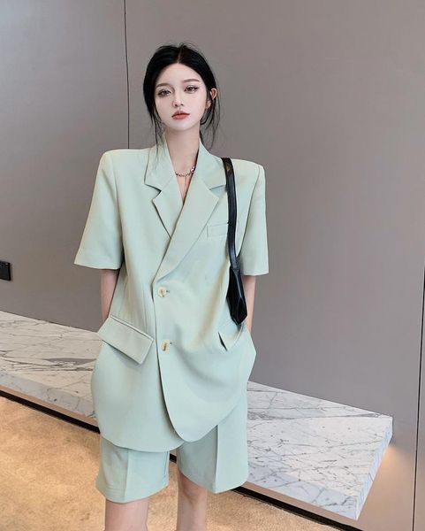 

women's tracksuits summer thin short sleeve suit jacket + shorts casual loose two-piece chic pastel survetement femme 2 piece, Gray