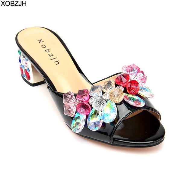 

women block heels summer sandals 2021 open toe luxury leather ladies rhinestone flower wedding praty black shoes woman plus size
