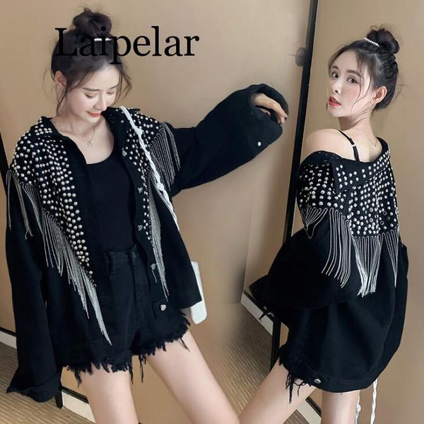 

women's jackets 2021 women autumn hand-studded rivet tassel chain short jeans coat woman's loose jacket fashion streetwear denim, Black;brown