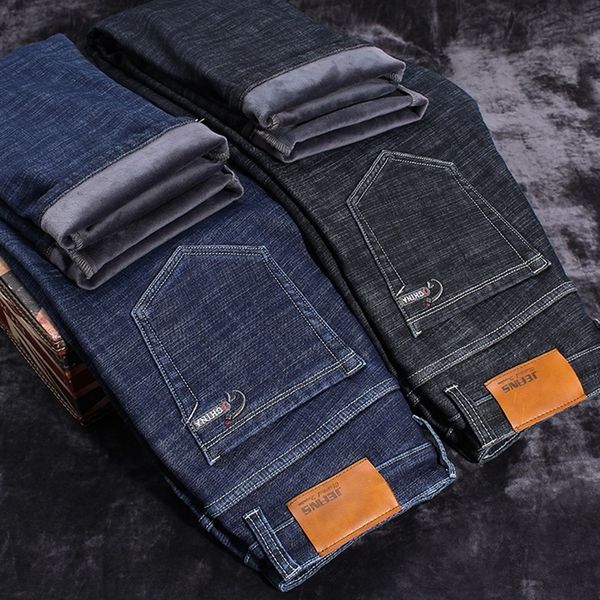 

high waist men's winter jeans warm thick stretch denim jeans straight fit trousers male cotton pants large size fleece jeans men 210518, Blue