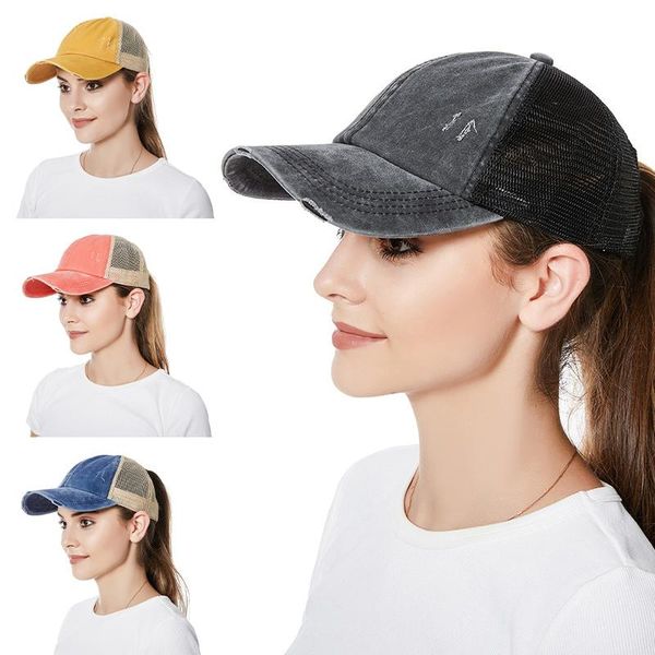 

wide brim hats baseball caps criss cross mesh high messy bun ponycap trucker washed denim and worn cap, Blue;gray
