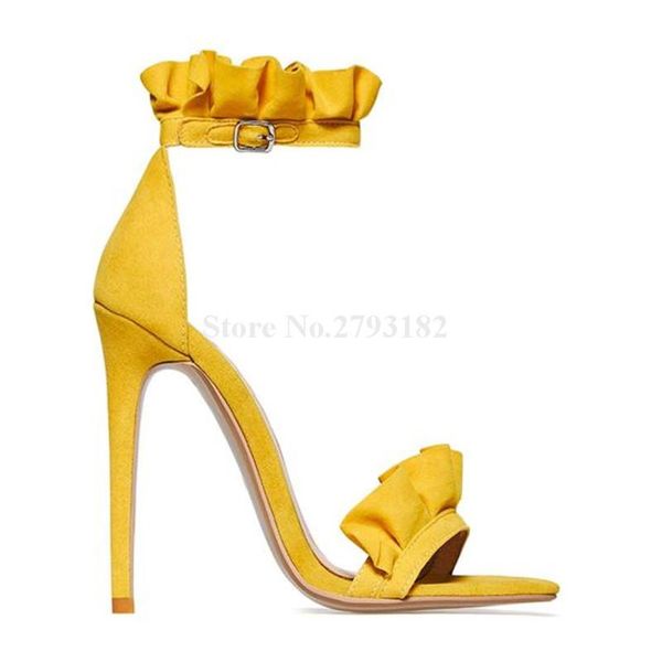 

ladies sweet open toe ruffle suede leather thin heel sandals pink yellow purple fringed high dress shoes, Black