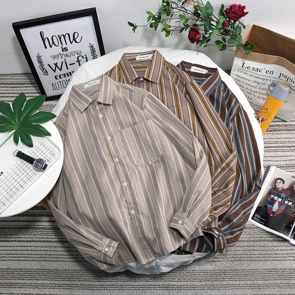 

men's casual shirts 2021 hong kong style harajuku vintage stripe long sleeve shirt summer korean coat loose fashion brand ins lapel, White;black