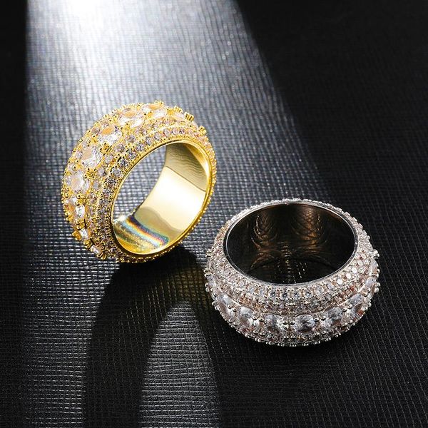 

cluster rings hip hop 5 row tennis iced out bling full cz charm tready copper cubic zircon ring for men jewelry size 8-11 drop, Golden;silver