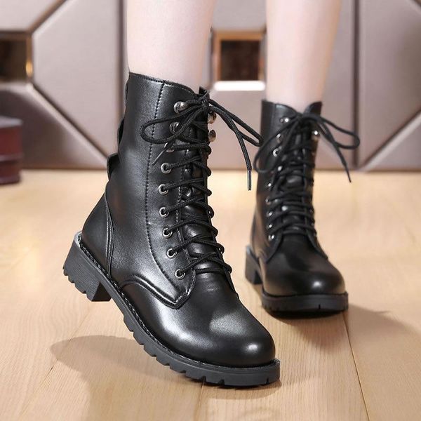 

boots 2021 buckle winter motorcycle women british style ankle gothic punk low heel boot shoe plus, Black