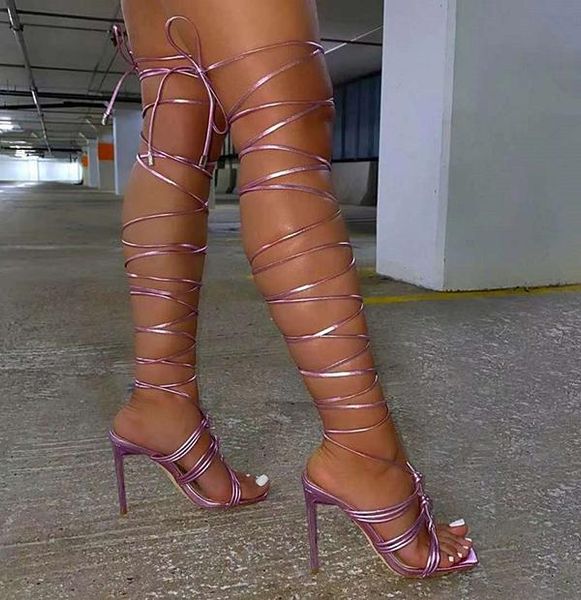 

sandals 2021 women lace-up crossover lacing square toe narrow band high heels summer high-heeled large size 35~41, Black