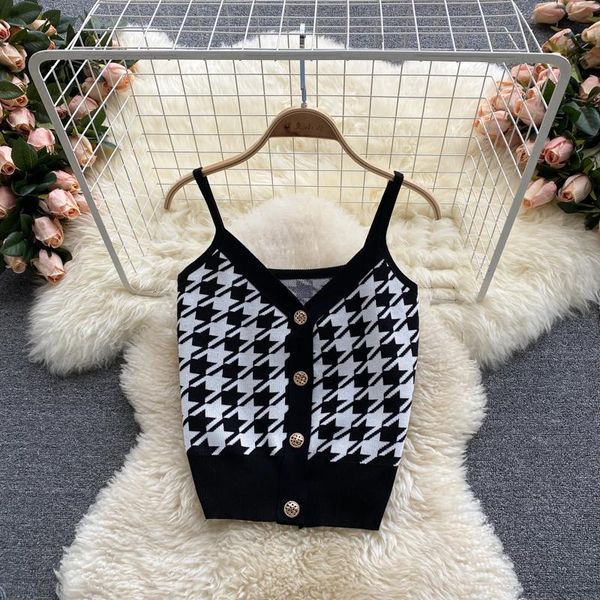 

women's tanks & camis singreiny retro houndstooth strap women sleeveless v neck single breasted y2k summer korean knitted shor, White