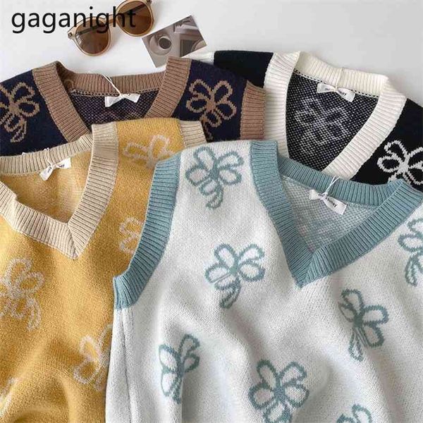 

spring sleeveless sweaters women floral print knitted vest preppy style v neck sweater loose jumpers pull femme 210601, White