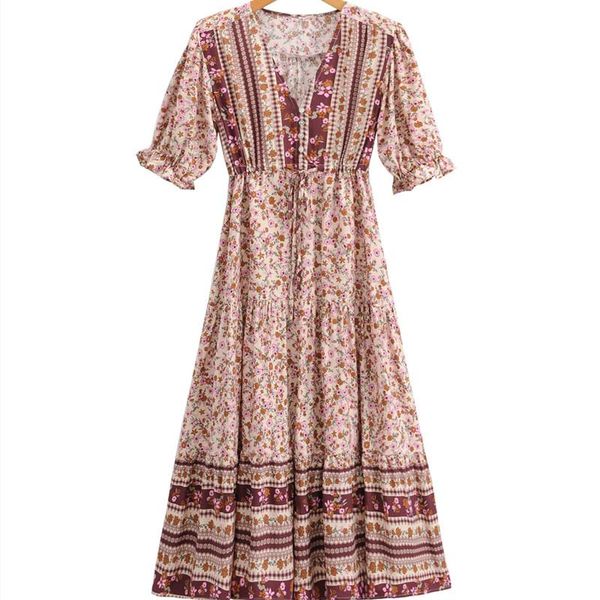 

party dresses ditsy floral vintage short-sleeved slim women positioning print long dress lady summer v-neck beach vacation, White;black