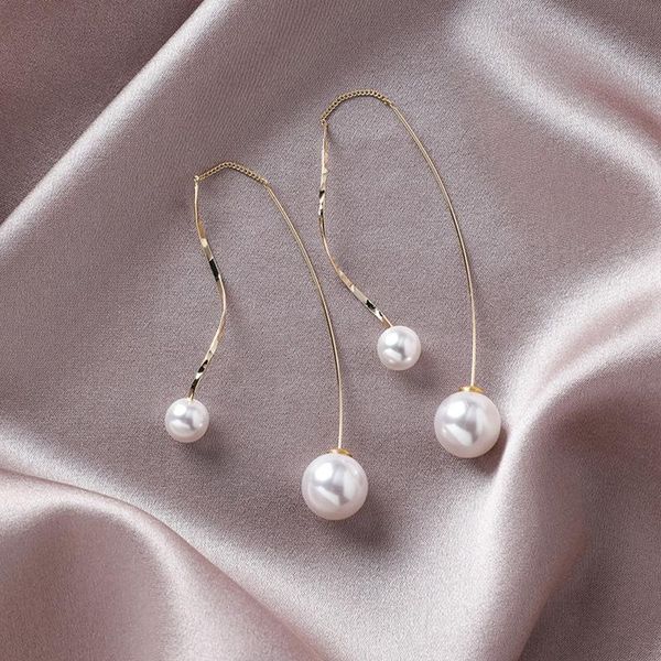 

korea long wave curved tassel ear line imitation pearl drop earrings for women girl fashion jewelry accessories dangle & chandelier, Silver
