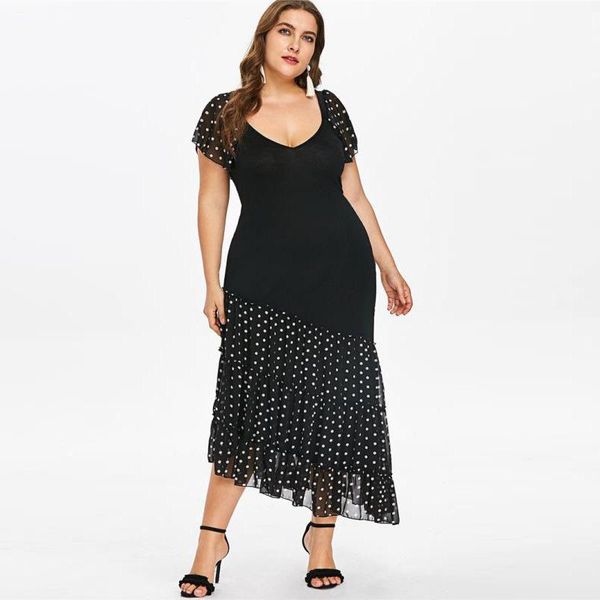 

casual dresses 2021 fashion women summer dress plus size black v neck short sleeve polka dot print patchwork long maxi boho beach, Black;gray