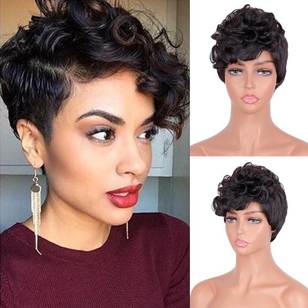 

synthetic wigs women short black brown wavy curly wig with bang for daily paert use heat resistant fiber nature looking