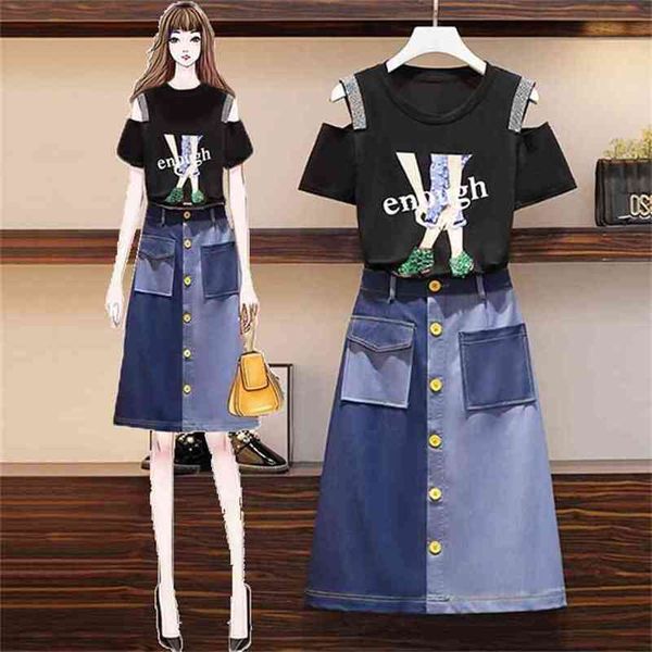 

2 pieces sets for women summer fall strapless sqeuined print black tee + color matching button denim skirt set 210602, White