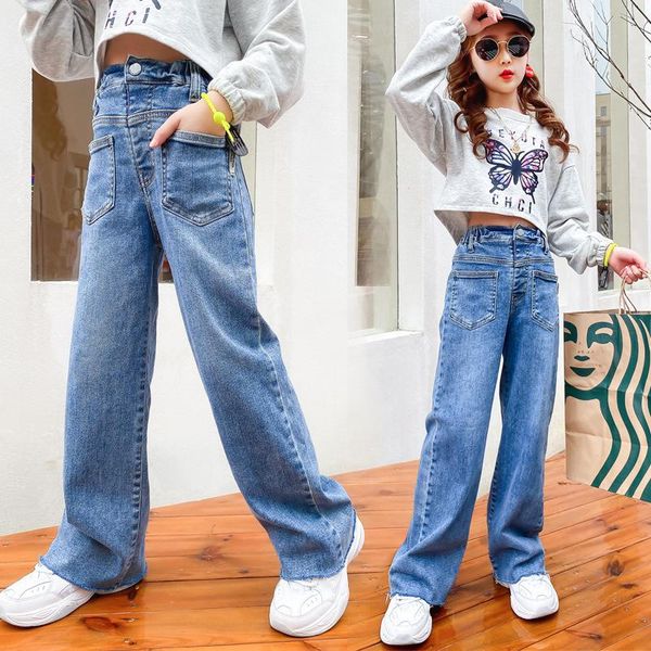 

jeans 2021 spring summer elastic for girls solid wide leg pants kids loose trousers teen children fashion casual clothes, Blue