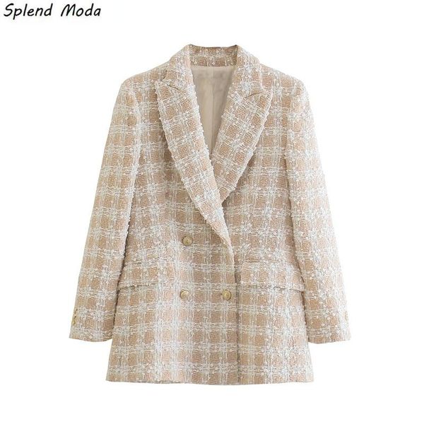 

women's suits & blazers splend moda autumn 2021 fashion elegant casual office lady double-breasted notched collar plaid texture tweed b, White;black