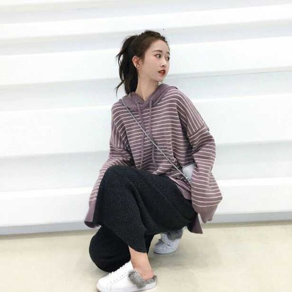 

women's two piece pants autumn knitted sets women round neck striped long sleeve + high waist slim wide leg suits f8mr, White