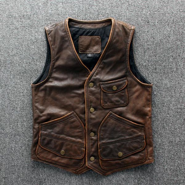 

men's vests 2021 vest casual vintage dark brown men genuine biker' leather single breasted slim fit short cowhide riding, Black;white